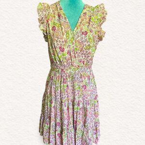 Taylor Floral Tiered Knee Length Ruffle Cap Sleeves V Neckline Women's Dress Med